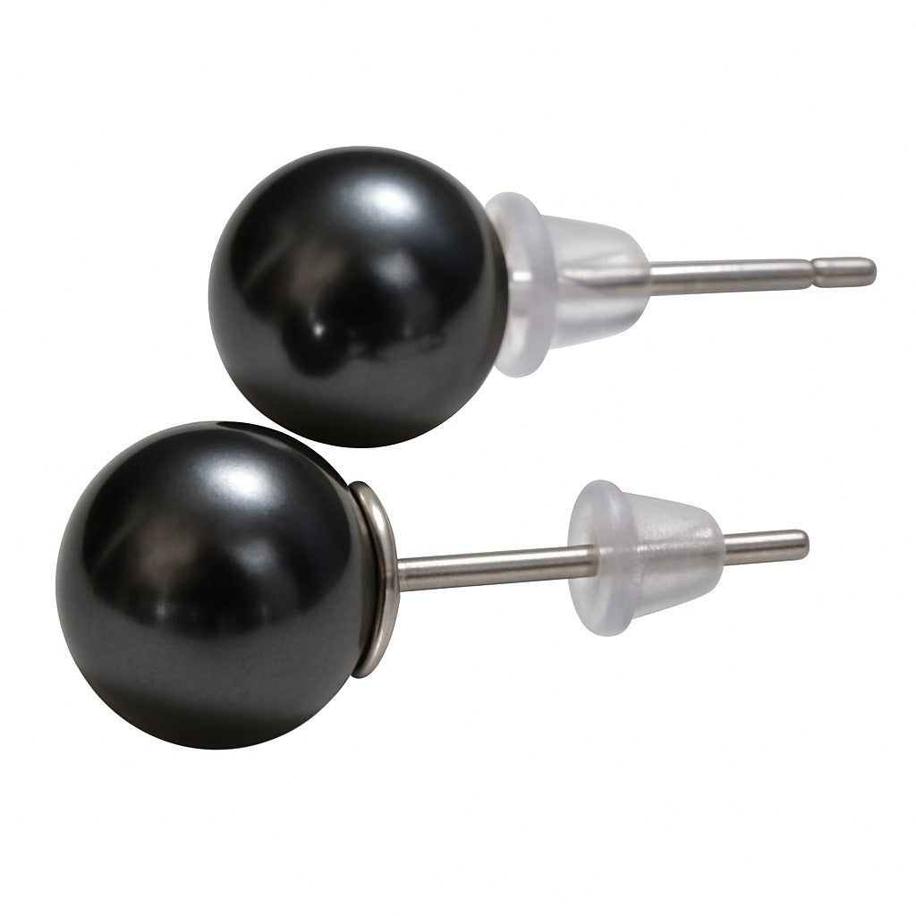 8mm Black Tahitian Cultured Pearl Stud Earrings in 18K White Gold – Cultured in French Polynesia, boxed to gift