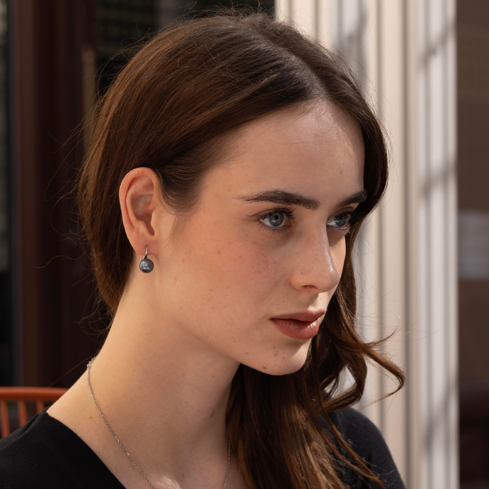 10mm Black Tahitian Cultured Pearl Dangle Earrings in 18K Gold plated 925 sterling silver  – Cultured in French Polynesia, comes in a classic black gift box