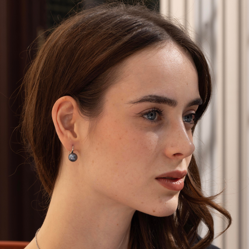 10mm Black Tahitian Cultured Pearl Dangle Earrings in 18K Gold plated 925 sterling silver  – Cultured in French Polynesia, comes in a classic black gift box
