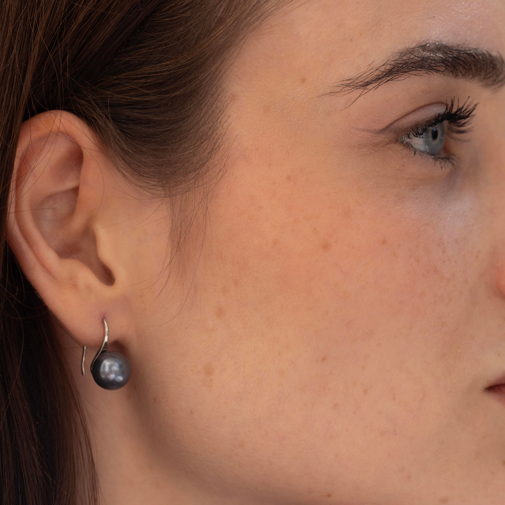 10mm Black Tahitian Cultured Pearl Dangle Earrings in 18K Gold plated 925 sterling silver  – Cultured in French Polynesia, comes in a classic black gift box